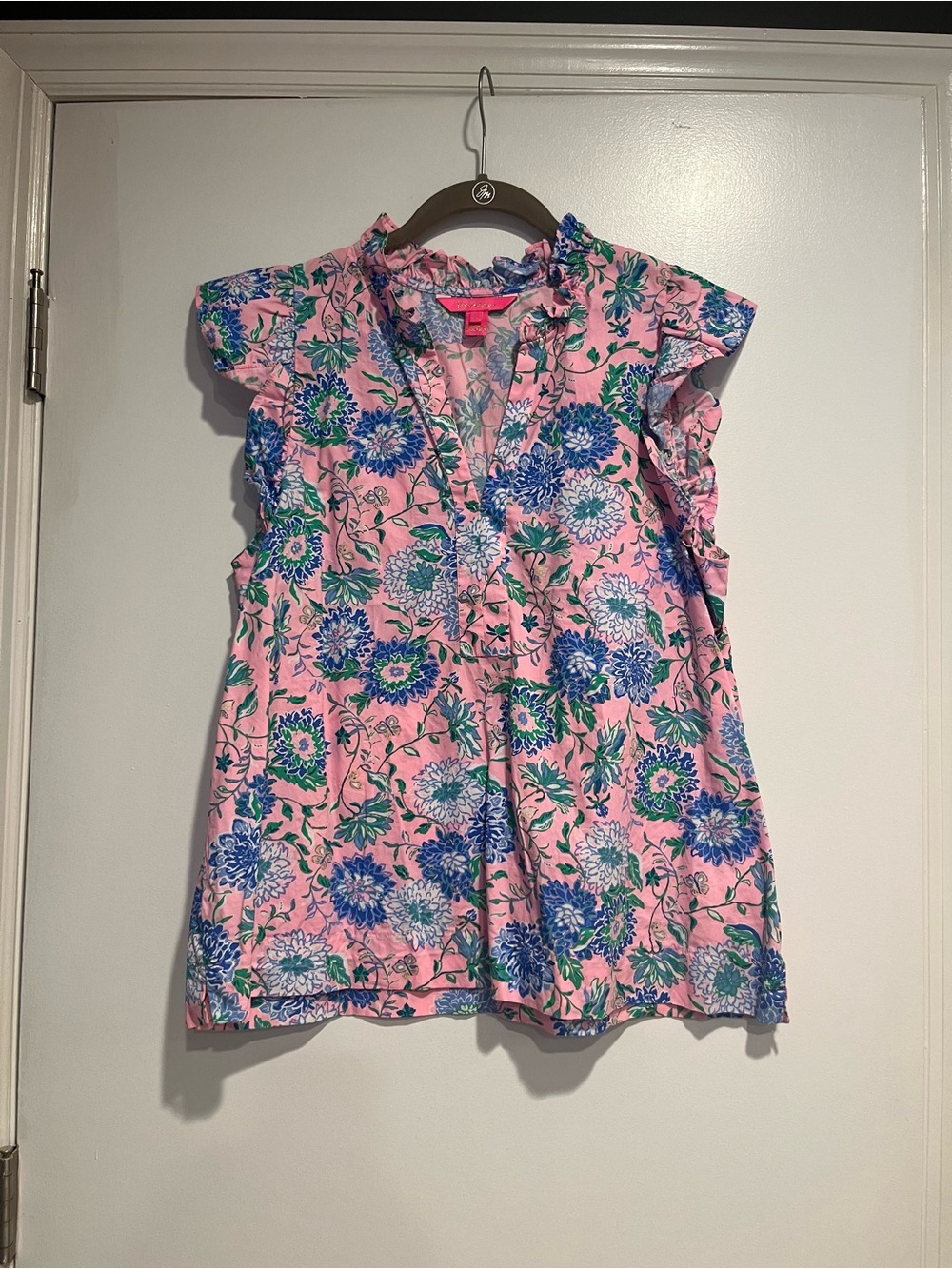 Lilly Pulitzer Pink Floral Ruffle Sleeve Blouse
